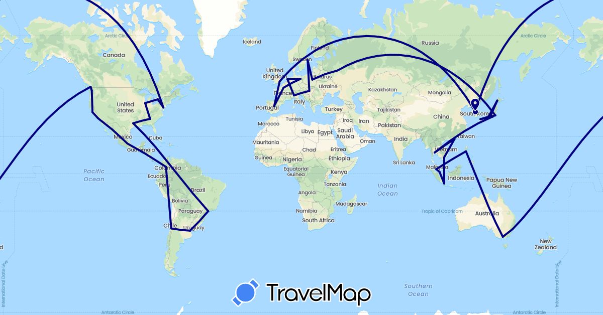 TravelMap itinerary: driving in Argentina, Australia, Brazil, Canada, Chile, China, Colombia, Germany, Spain, France, United Kingdom, Hungary, Indonesia, Italy, Japan, South Korea, Mexico, Malaysia, Netherlands, Philippines, Poland, Russia, Sweden, Singapore, Thailand, United States, Vietnam (Asia, Europe, North America, Oceania, South America)